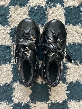 Black Platform Lace-Up Shoes with Chain & Stud Detail